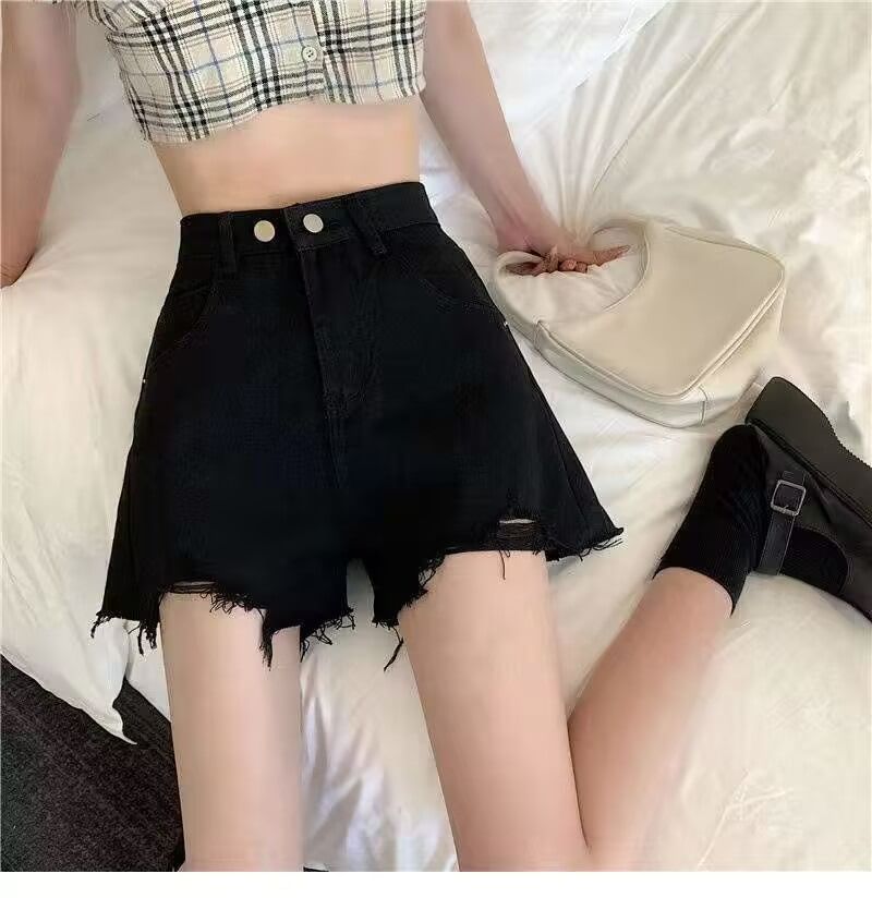 High Waist Plain Frayed Distressed Denim Wide Leg Shorts