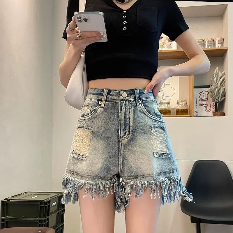 High Waist Washed Distressed Tassel Trim Denim Shorts