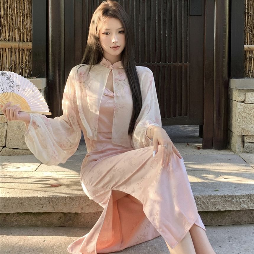 V-Neck Floral Print Jacquard Jacket Mandarin Slit Collar Frog Light Strap / Closure Maxi Spaghetti Sheath Dress