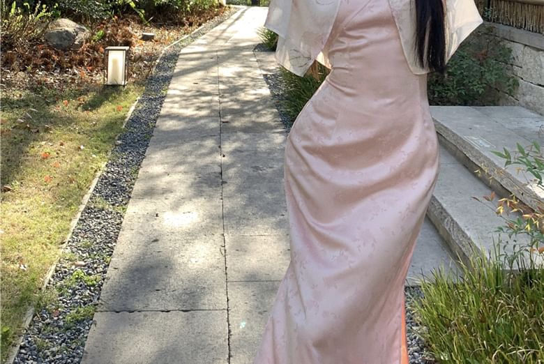 V-Neck Floral Print Jacquard Jacket Mandarin Slit Collar Frog Light Strap / Closure Maxi Spaghetti Sheath Dress
