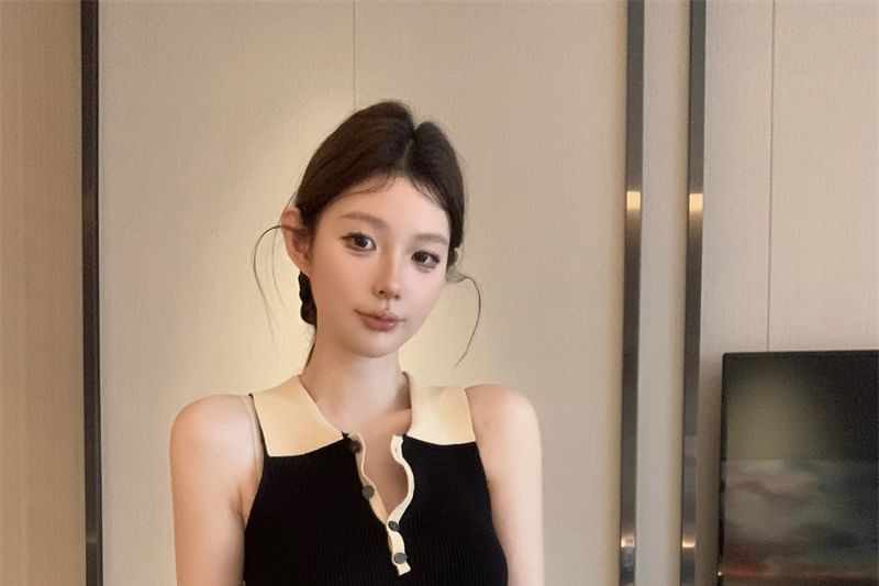 Ribbed Dress Tone Two Knit Mini Polo Sleeveless Sheath