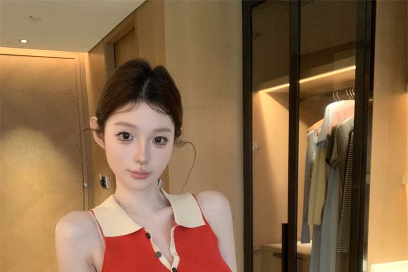 Ribbed Dress Tone Two Knit Mini Polo Sleeveless Sheath