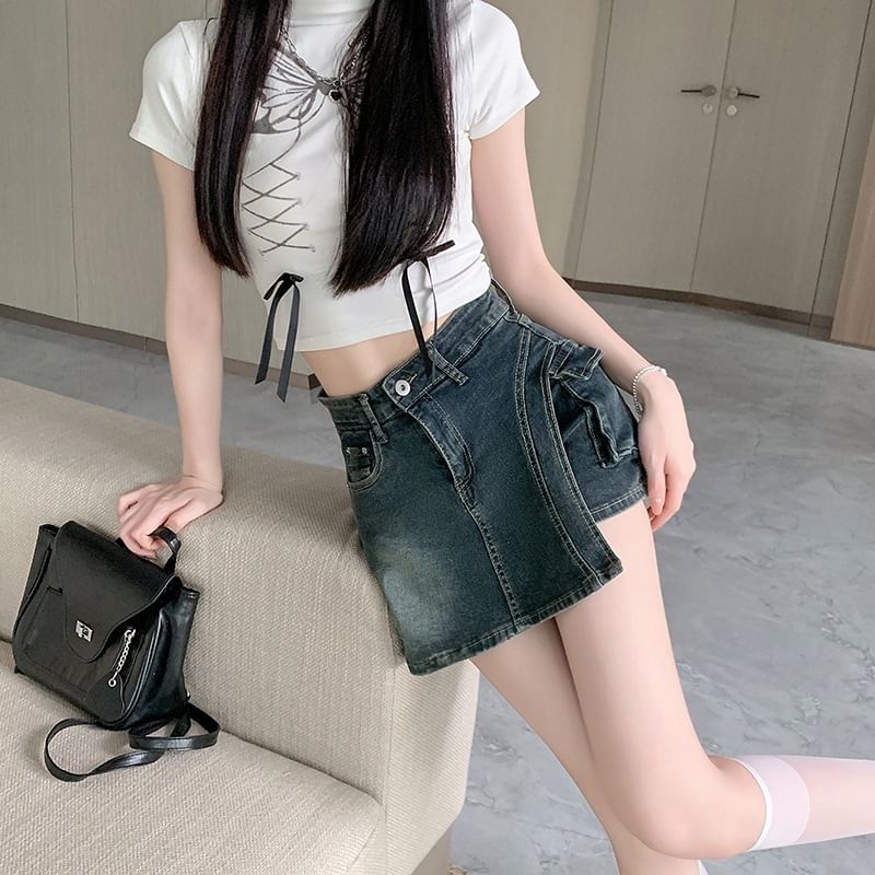 High Waist Asymmetrical Denim Skort