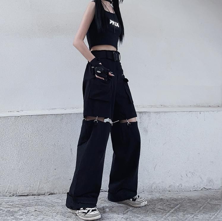 High Rise Plain Cutout Buckled Wide Leg Cargo Pants