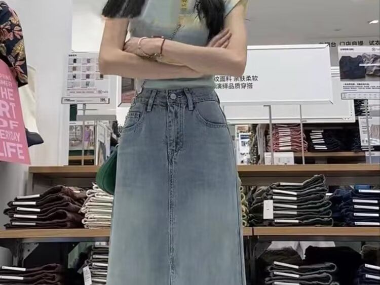 Slit Denim Midi Skirt with High Waist