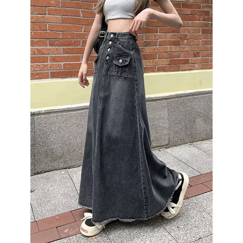 Button-Front Denim Maxi Skirt with Frayed Details