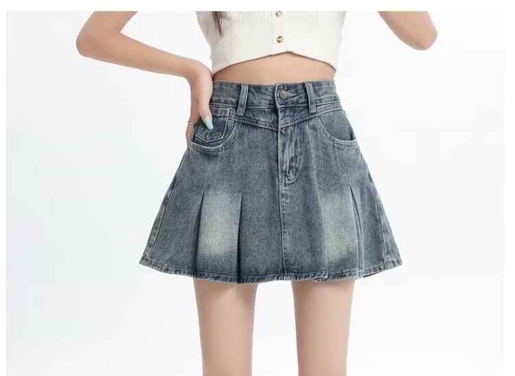 Pleated Denim Mini Skirt with High Waist