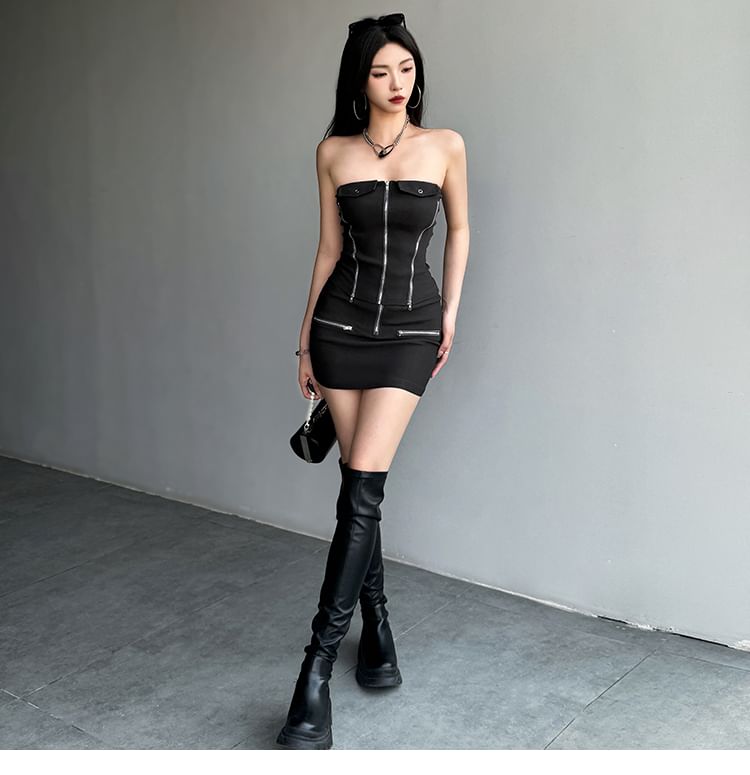 Zip-Front Tube Top with High-Rise Mini Pencil Skirt