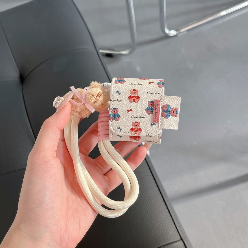 Set: Faux Leather Bear Print AirPods Earphone Case Protection Cover + Strap