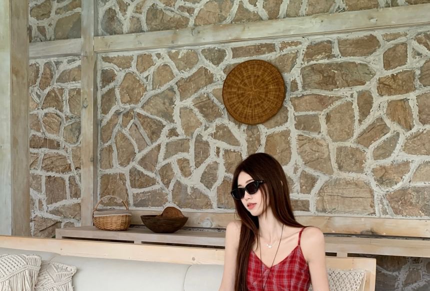 Set: Spaghetti Strap V-Neck Asymmetrical Plaid Midi A-Line Dress + Rope Belt