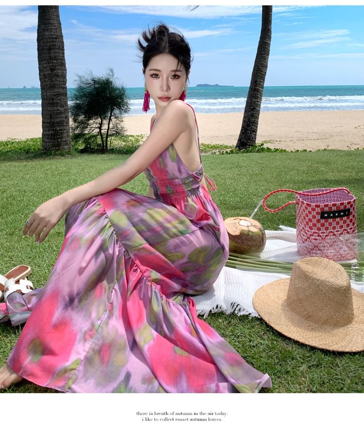 Spaghetti Strap Tie Dye Open Back Maxi A-Line Sundress