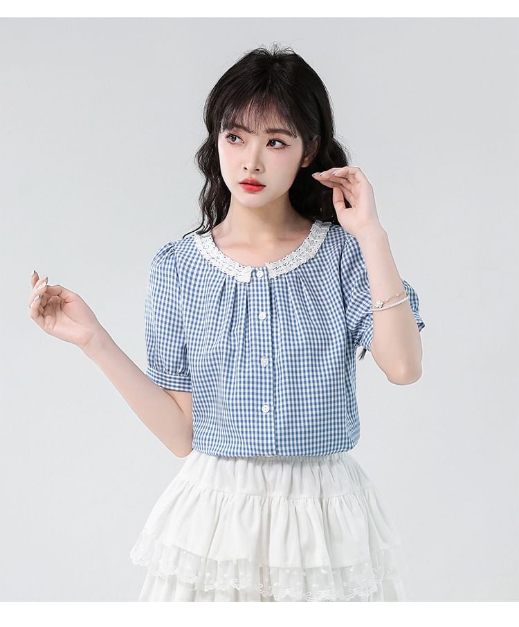 Crewneck Lace Trim Plaid Blouse