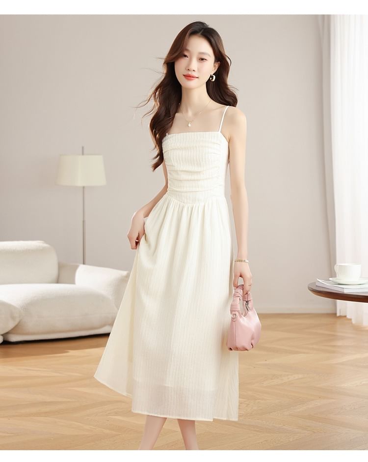 Spaghetti Strap Plain Ruched Midi A-Line Dress