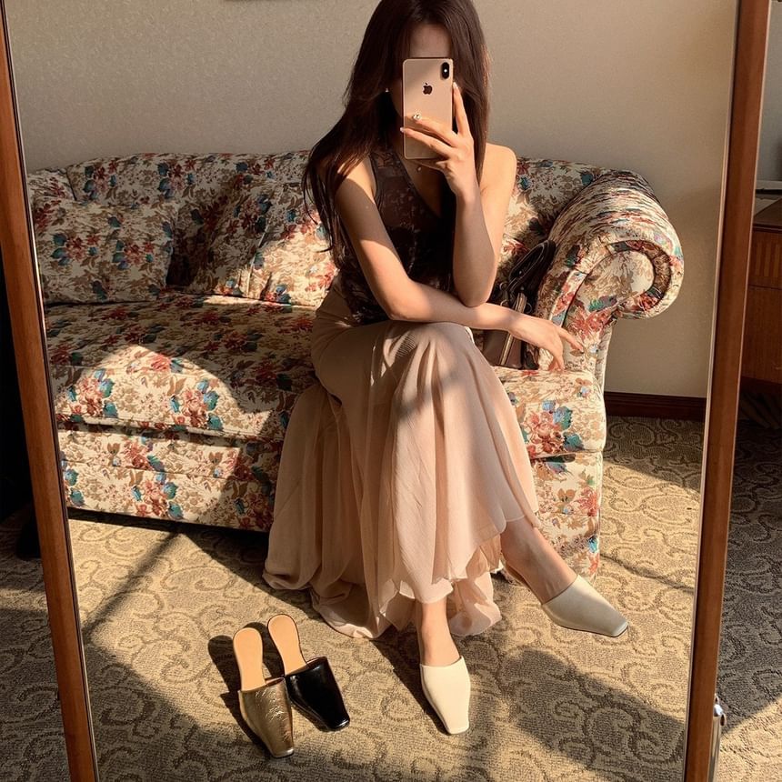 Square Leather Toe Mules Faux Heel Kitten