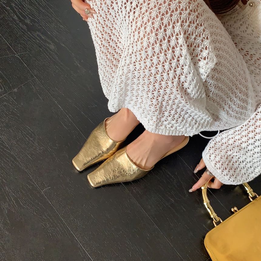 Square Leather Toe Mules Faux Heel Kitten