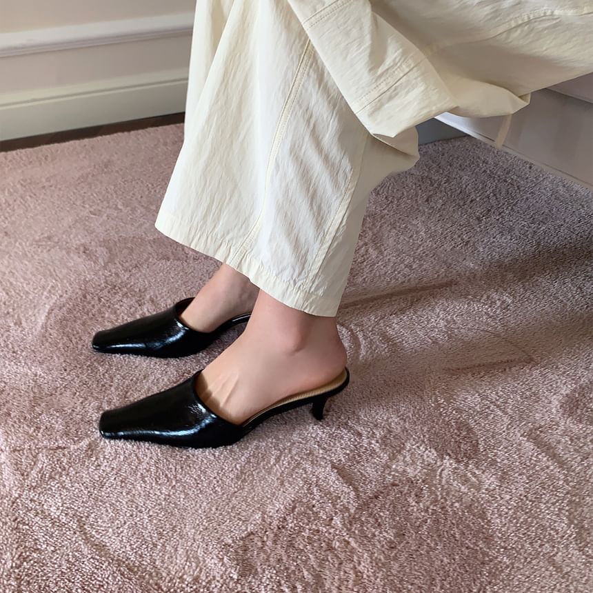 Square Leather Toe Mules Faux Heel Kitten