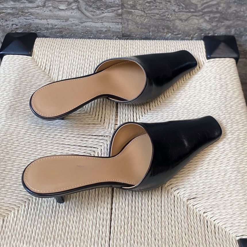 Square Leather Toe Mules Faux Heel Kitten