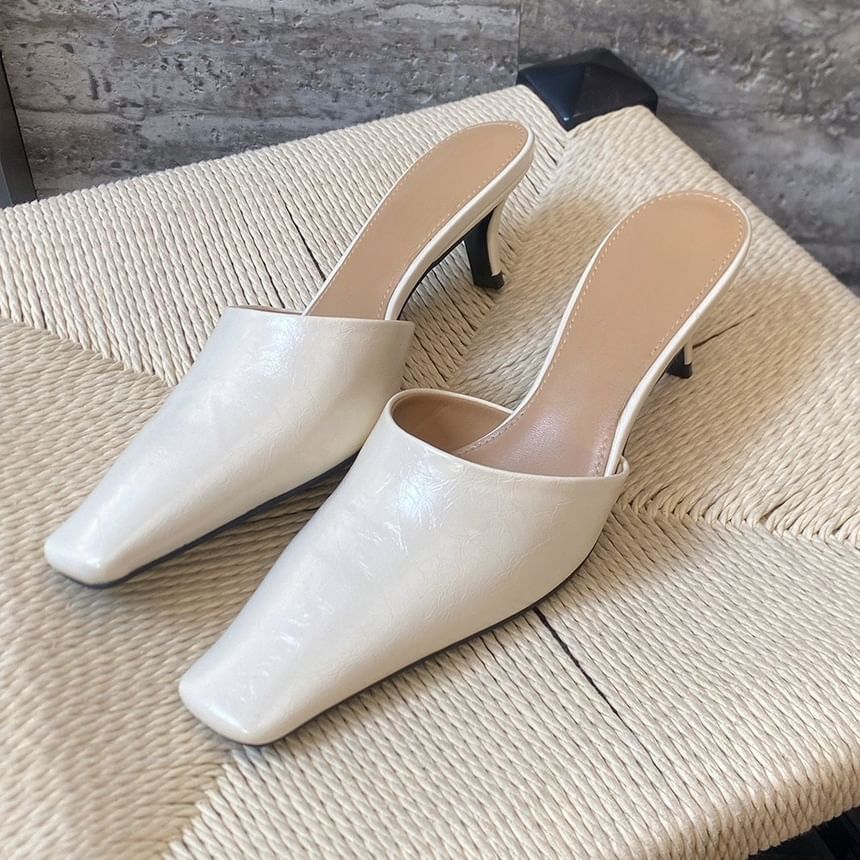 Square Leather Toe Mules Faux Heel Kitten