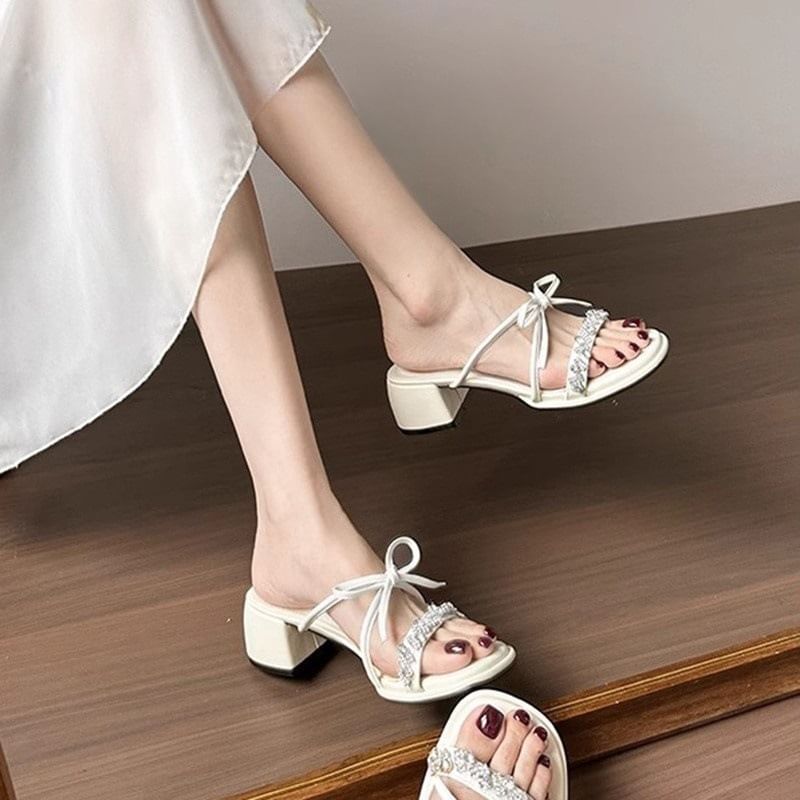 Slide Heel Rhinestone Bow Sandals Chunky