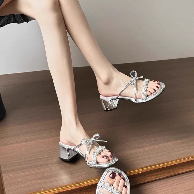 Slide Heel Rhinestone Bow Sandals Chunky