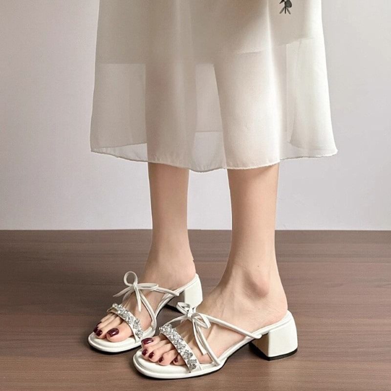 Slide Heel Rhinestone Bow Sandals Chunky