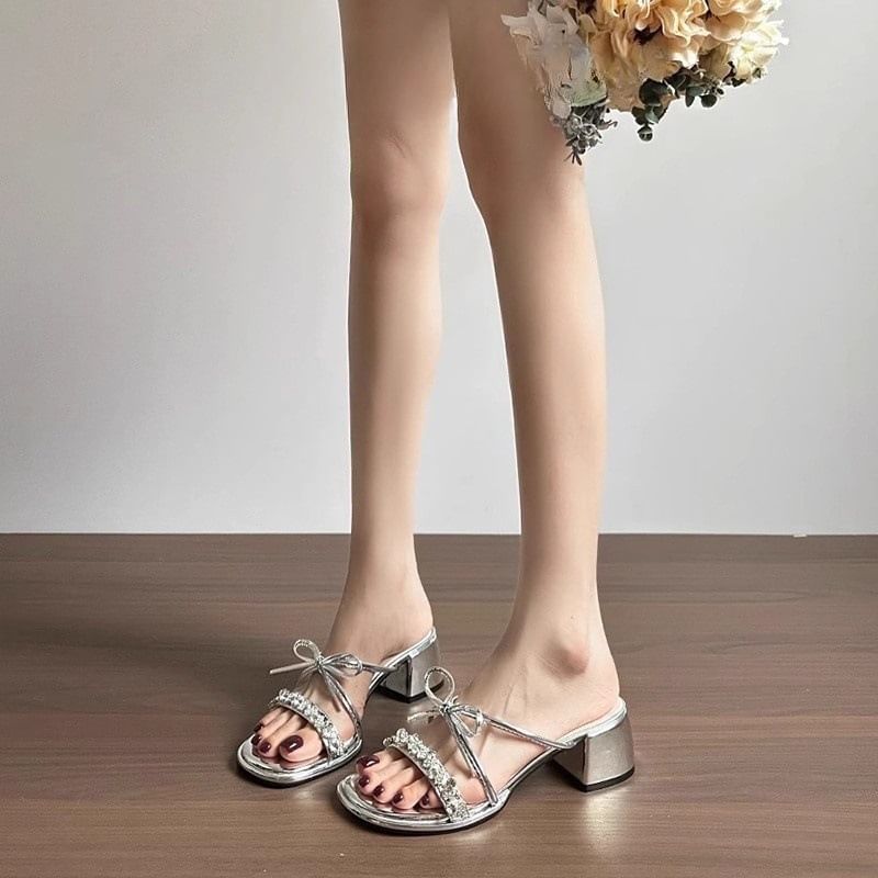 Slide Heel Rhinestone Bow Sandals Chunky