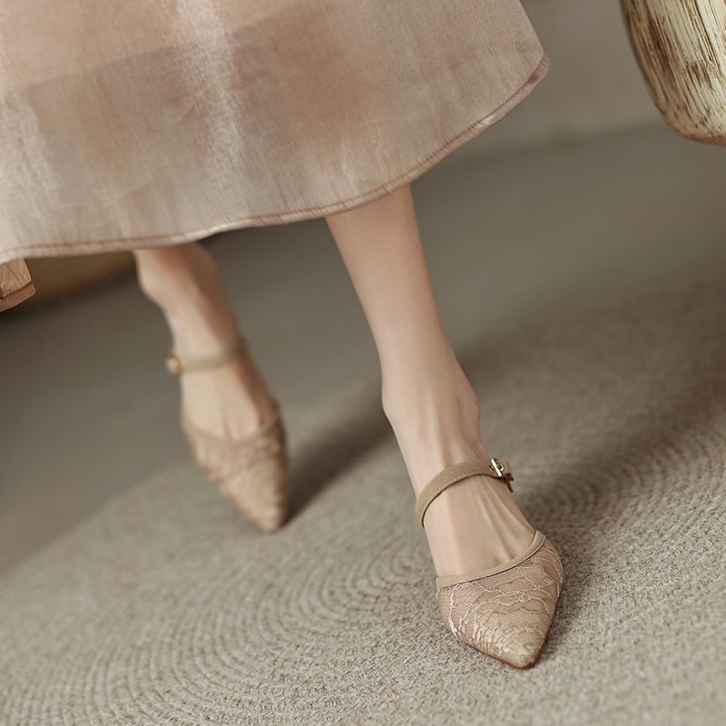 Heel Floral Pointed Mesh Toe Kitten Mules