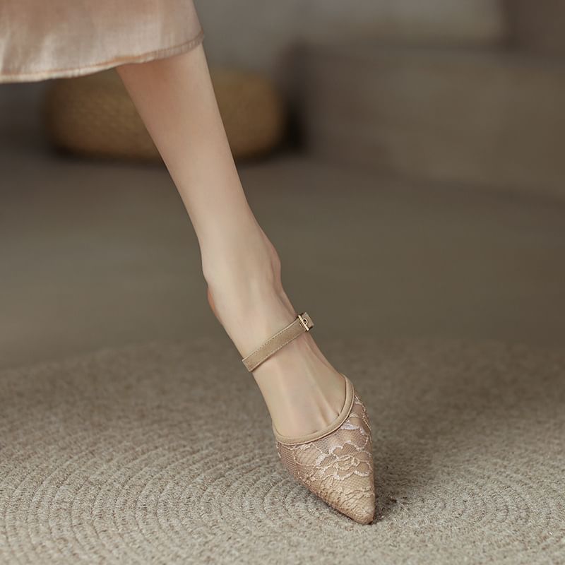 Heel Floral Pointed Mesh Toe Kitten Mules