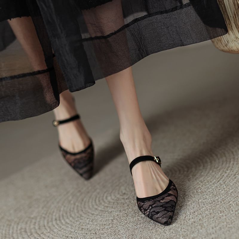 Heel Floral Pointed Mesh Toe Kitten Mules