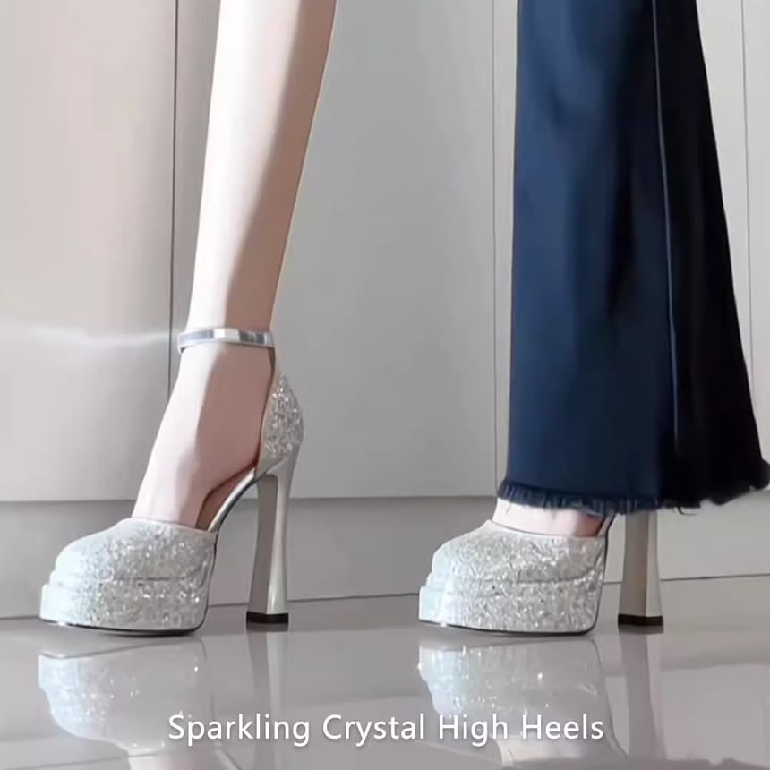 D'Orsay Chunky Ankle Heel Glitter Pumps Strap Platform