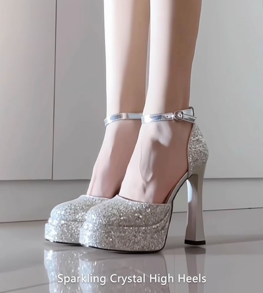 D'Orsay Chunky Ankle Heel Glitter Pumps Strap Platform