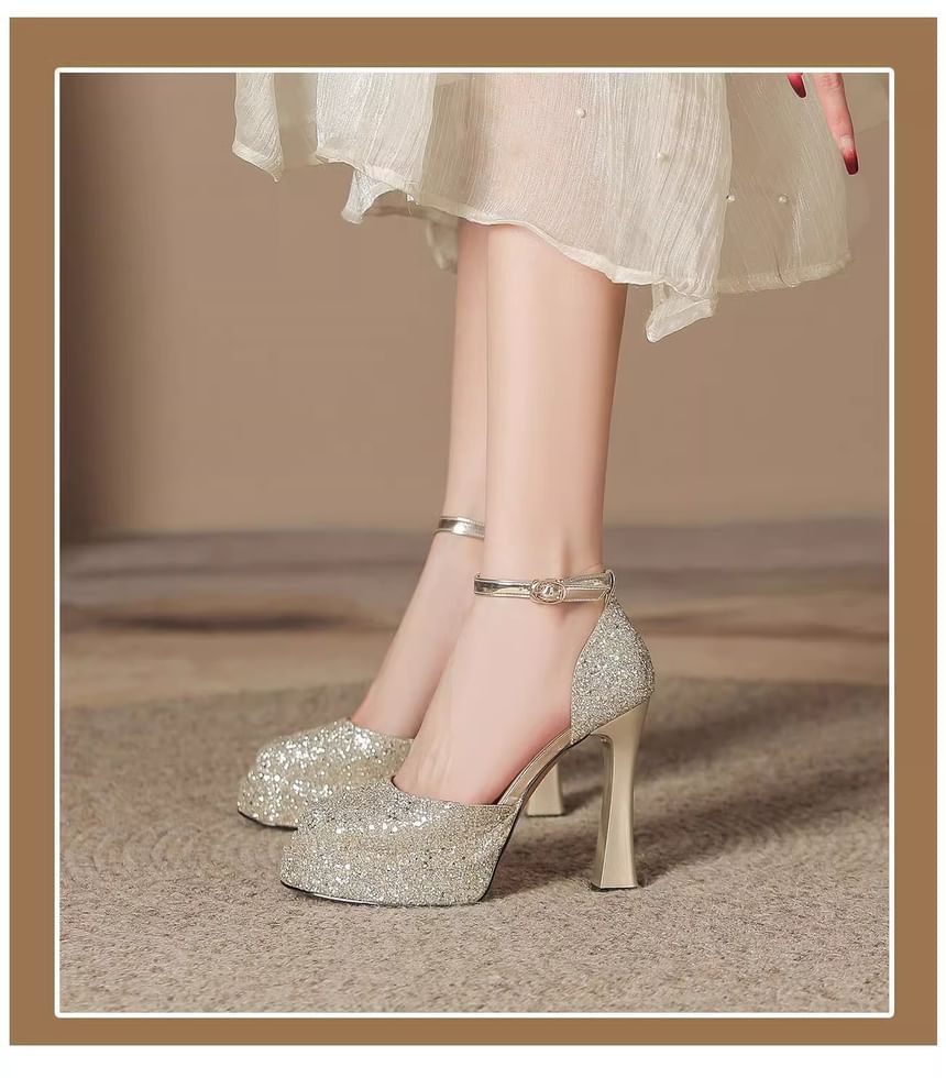 D'Orsay Chunky Ankle Heel Glitter Pumps Strap Platform