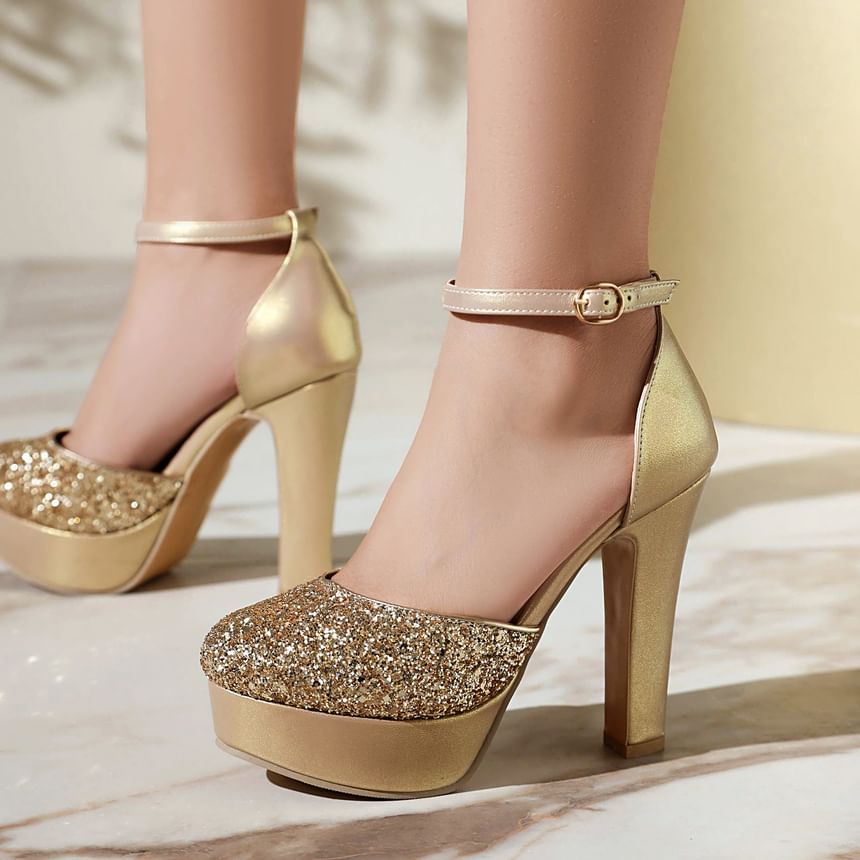 Platform Chunky Heel Sequined Sandals