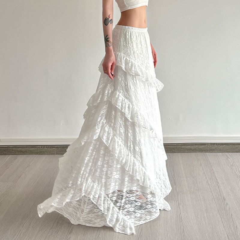 Lace Trim Maxi Skirt - Elastic Waist