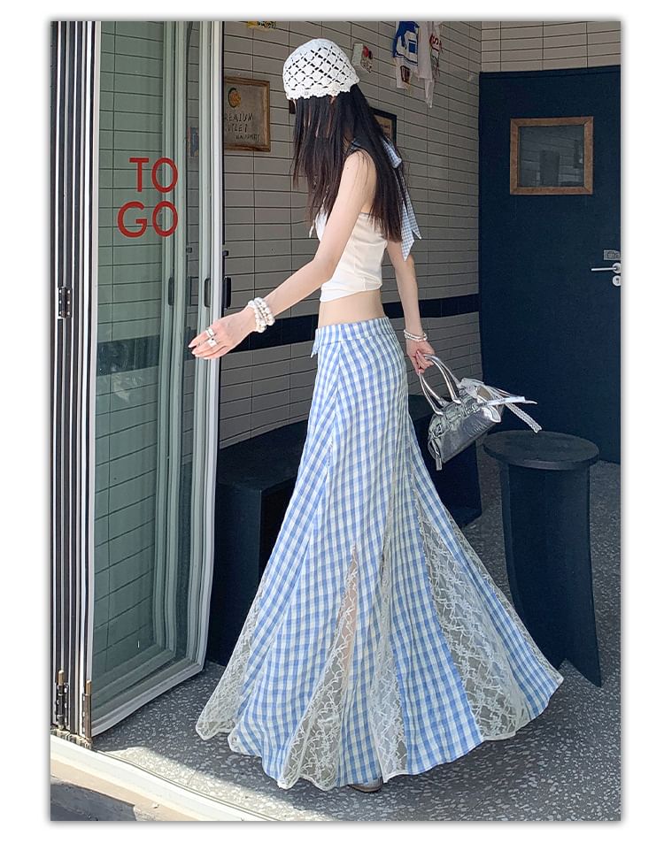 Plaid Maxi Skirt with Lace Panel and High Waist
