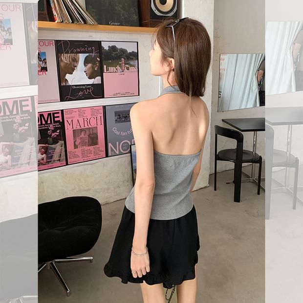 Embroidered Bow Halter Collared Buttoned Top