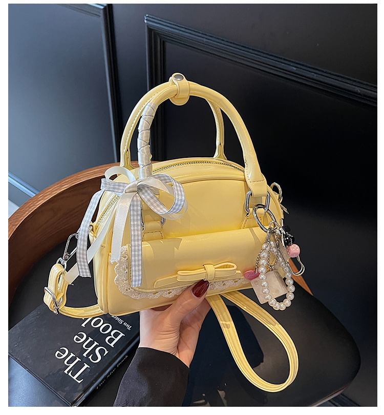 Bow Lace Trim Faux Leather Bowler Bag / Bag Charm / Set
