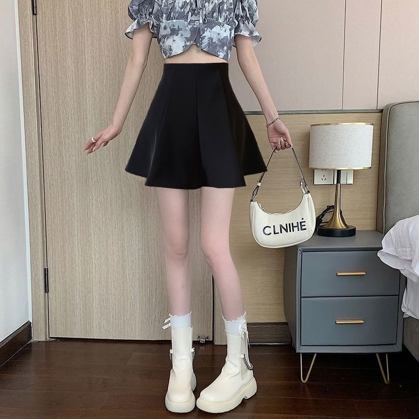 Plain Mini A-Line Skirt with High Waist
