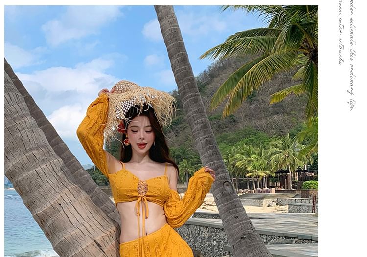 Long-Sleeve Cold-Shoulder Lace-Up Crop Top with Slit Maxi Pencil Skirt Set