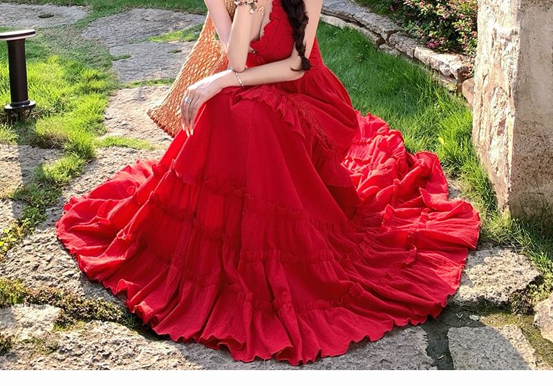 Black Halter Open Back Tiered A-Line Maxi Dress - Altfashion Shop