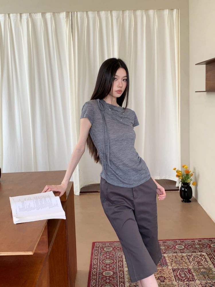 Ruched Melange Cowl-Neck Short-Sleeved T-Shirt