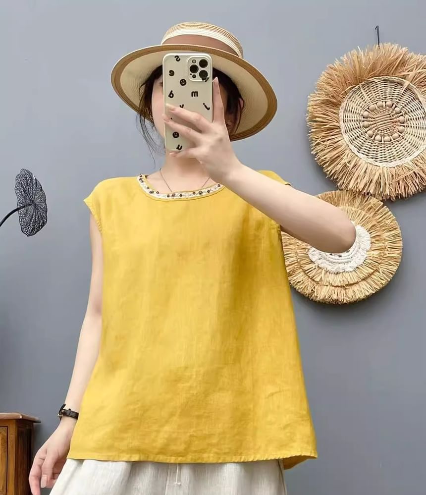 Beaded Round-Neck Cap-Sleeved Top