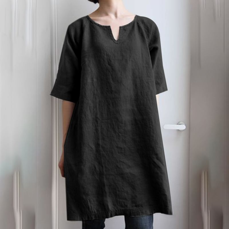Notch-Neck Short-Sleeved Plain Tunic Blouse