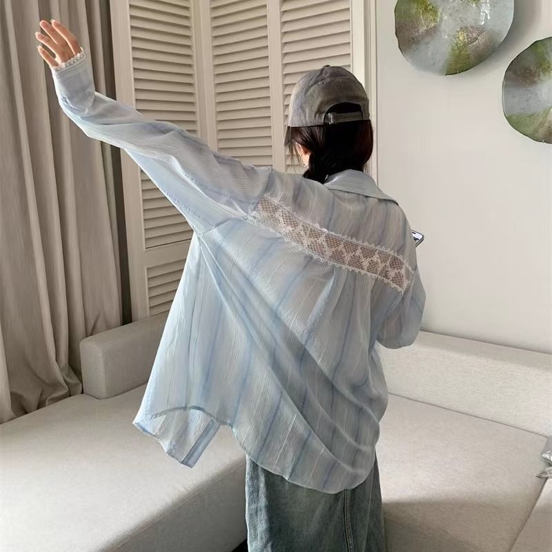 Striped Lace Panel Button-Up Long Sleeve Shirt
