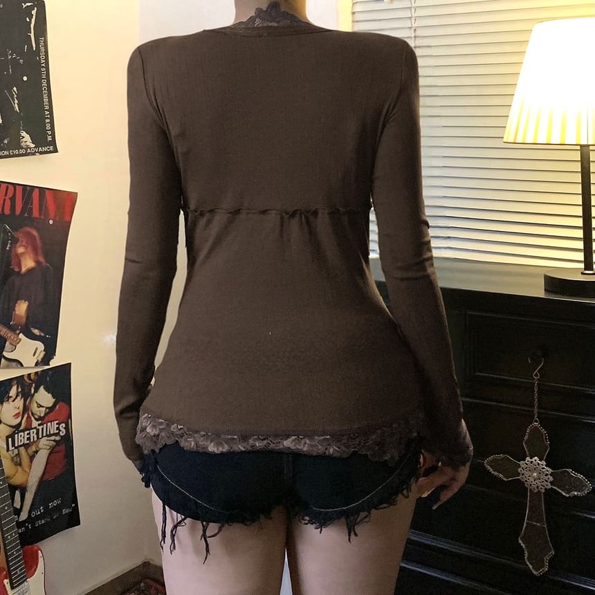 Long Sleeve V-Neck Lace Trim T-Shirt