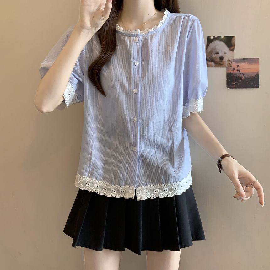 Short-Sleeve Lace Button Blouse