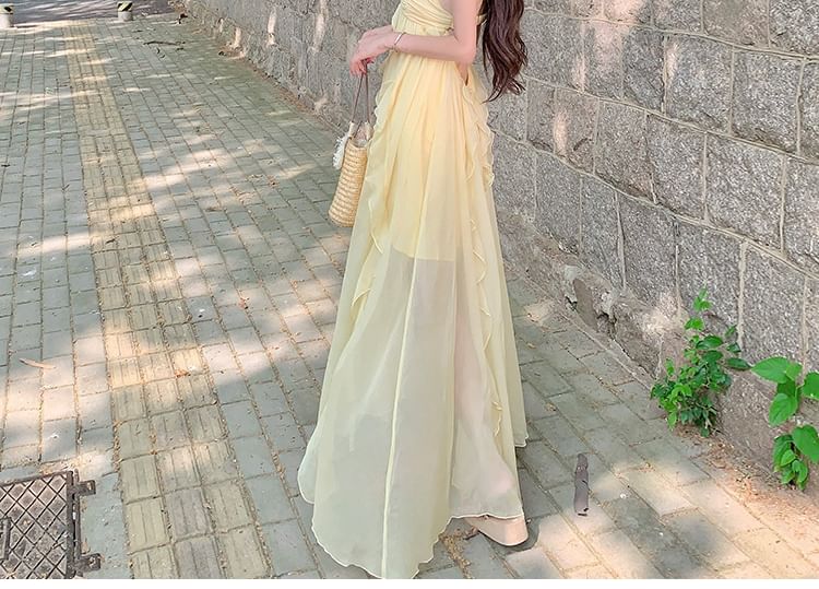 Cap-Sleeve Plain Ruffle Trim Ruched Slit Maxi A-Line Dress