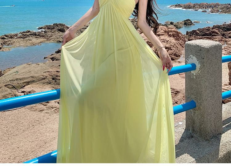 Halter Neck Plain Cutout Ruched Open Back Mesh Maxi A-Line Dress