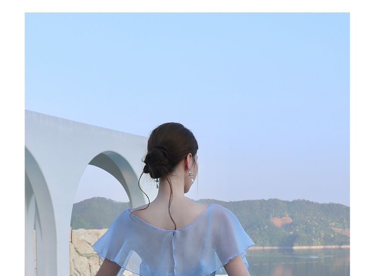 Short-Sleeve V-Neck Sheer Maxi A-Line Dress