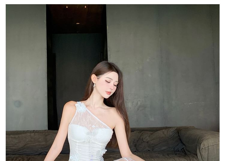 Sleeveless Asymmetrical Mesh Maxi Bodycon Dress